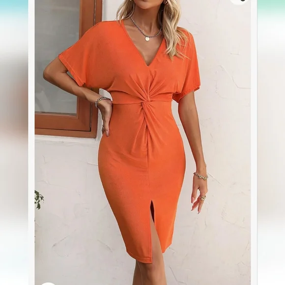 NWT Women's Fashion Dress Twist Front Batwing Sleeve Split Thigh Dress - Picture 3 of 7